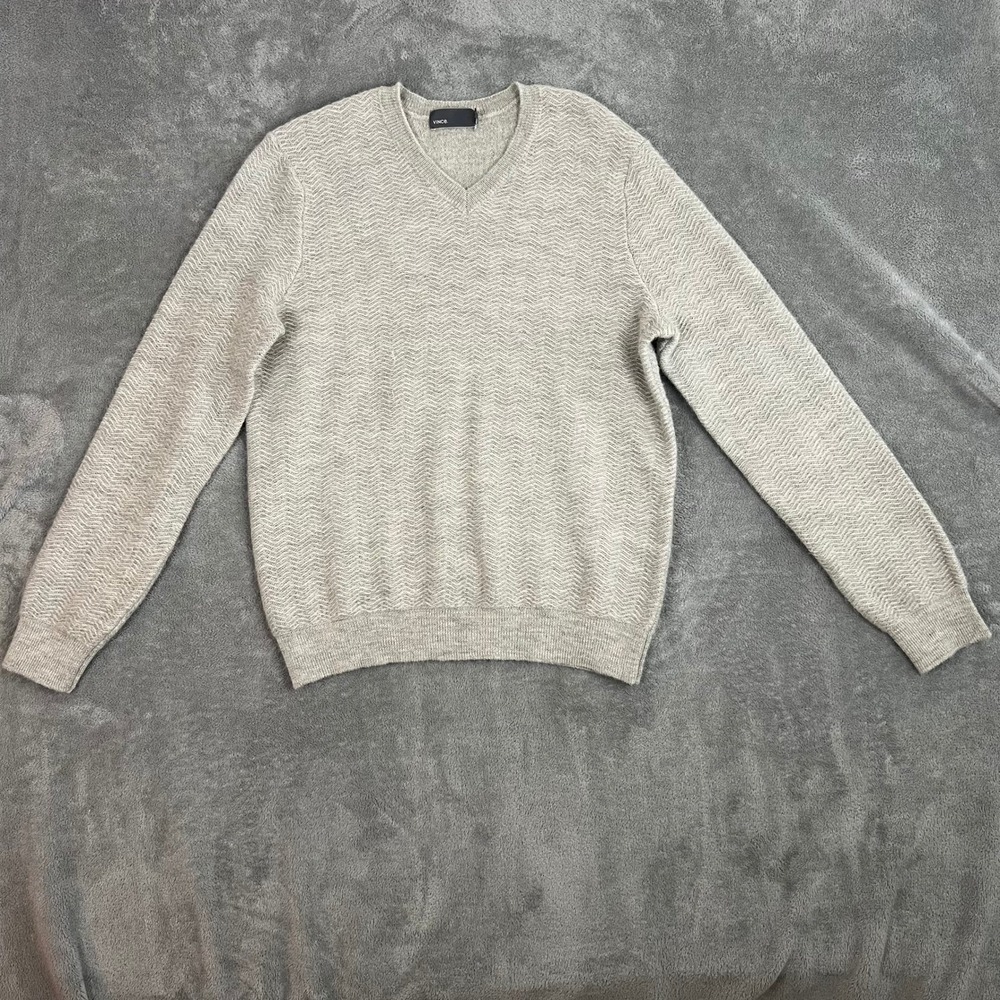 Vince Alpaca Wool Herringbone Sweater‎ Mens L Grey Knit V Neck Pullover
